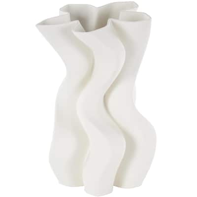 Ceramic Abstract Ribbed Dimensional Wavy Decorative Vase with Floral Shaped Rim - White - Roche River Decor