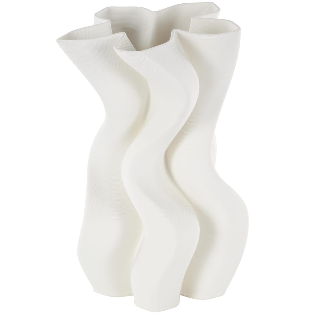 Ceramic Abstract Ribbed Dimensional Wavy Decorative Vase with Floral Shaped Rim - White - Roche River Decor