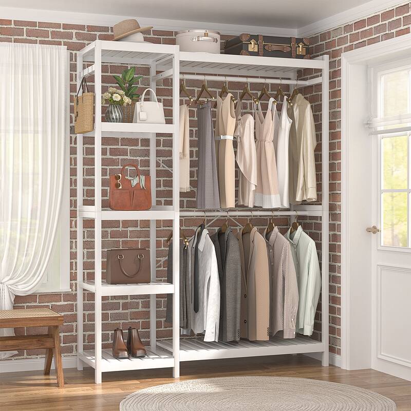 Bamboo Closet System Clothes Rack, Large Freestanding Garment Rack Clothing Rack for Hanging Clothes