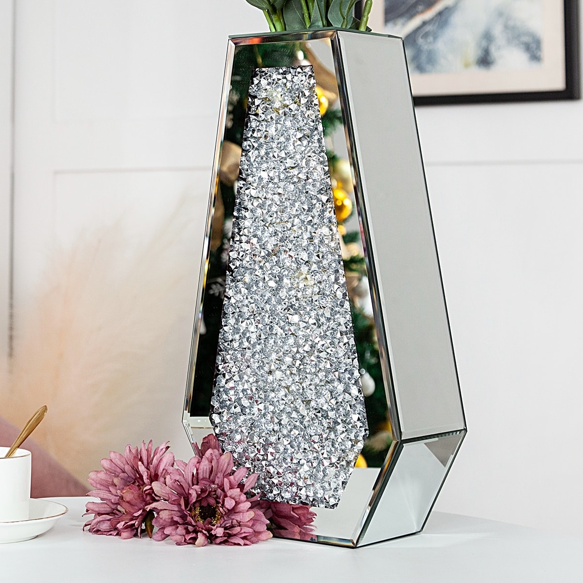 14In Modern Mirrored Flowers Vase,Crushed Diamond Glass Tall Vase