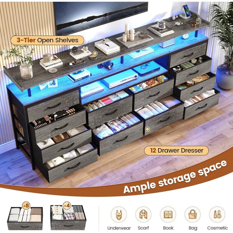 TV Stand 65 70 Inches TV LED Lights Power Outlets Storage Drawers