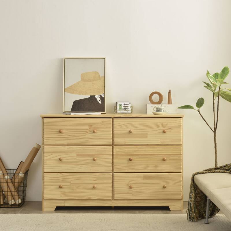 Solid Pine Wood 6-Drawer Double Dresser in Natural and White Finish with Smooth Glide Drawers and Modern Style