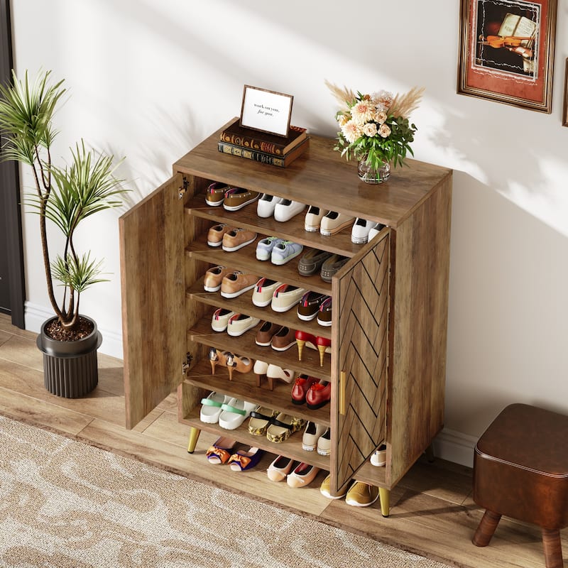 Walnut Shoe Cabinet, 6-Tier Wooden Shoe Organizer with Stable Leg