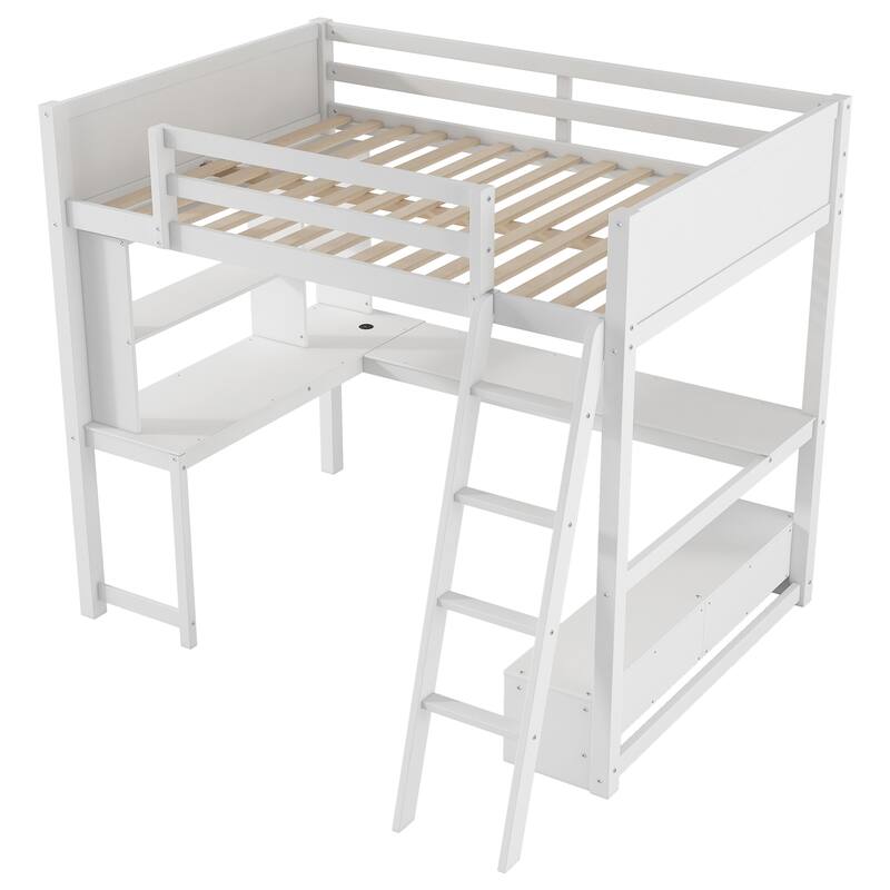 Loft Bed with L-shaped Multi-storage Desk, LED light and USB Charging Station, Storage Bench with 2 Drawers