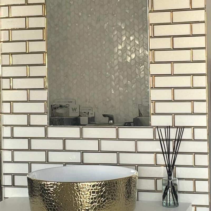 The Tile Life Athena 2x6 White/ Gold Brick Glossy Glass Mosaic Tile for Backsplash & Walls