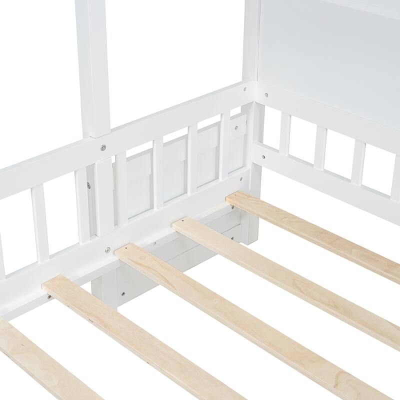 Twin Size House Bed with Upholstered Sofa, Charging Station, Wireless Charging, Shelves, and Drawers