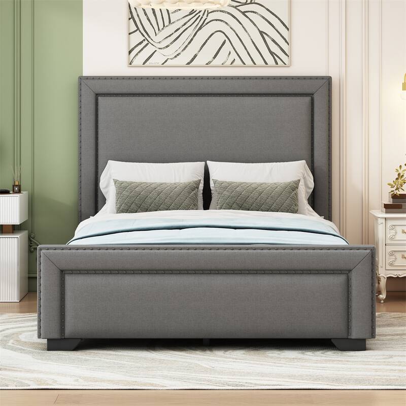 Queen Size Upholstered Bed, Upholstered Bed with Wooden Slats Support