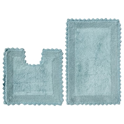 100% Cotton Blue Bath Set 2 Piece Anti-Slip Solid Bordered Bathroom Mat, Large Contour Mat