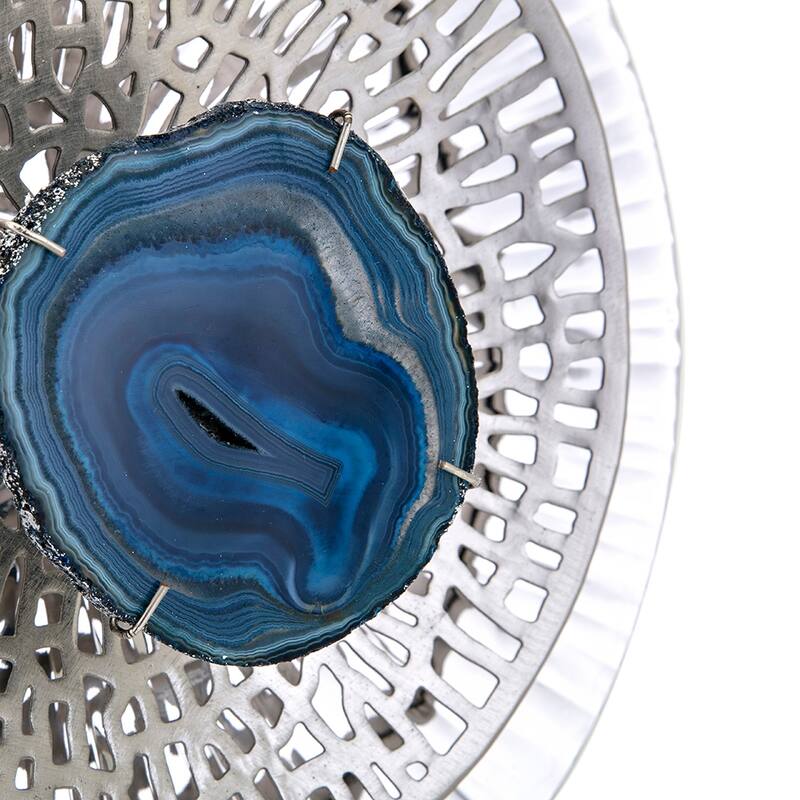 Set of 3, Modern Wall Decor Silver Textured Oversized Disc with Blue Agate, for Living Room Bedrrom Entryway Office