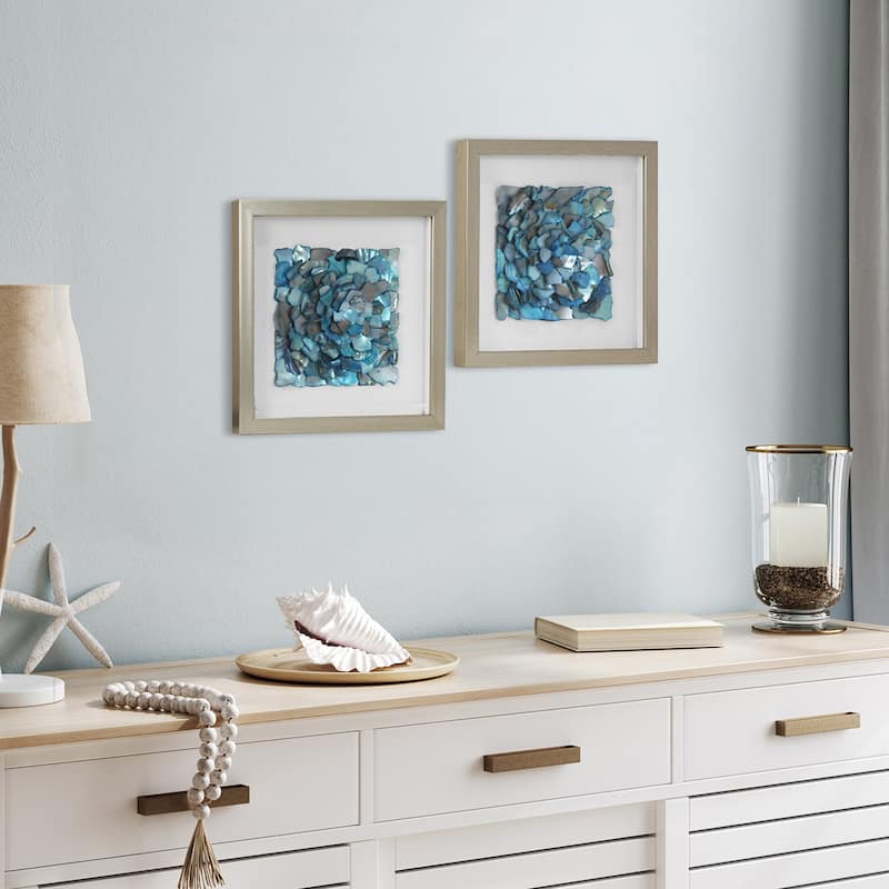 American Art Decor 2-Piece Coastal Seashell & Sea Glass Shadowbox Framed Wall Art Set