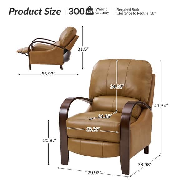 dimension image slide 5 of 14, Alex Mid-century Modern Genuine Leather Manual Recliner with Wooden Curved Arms