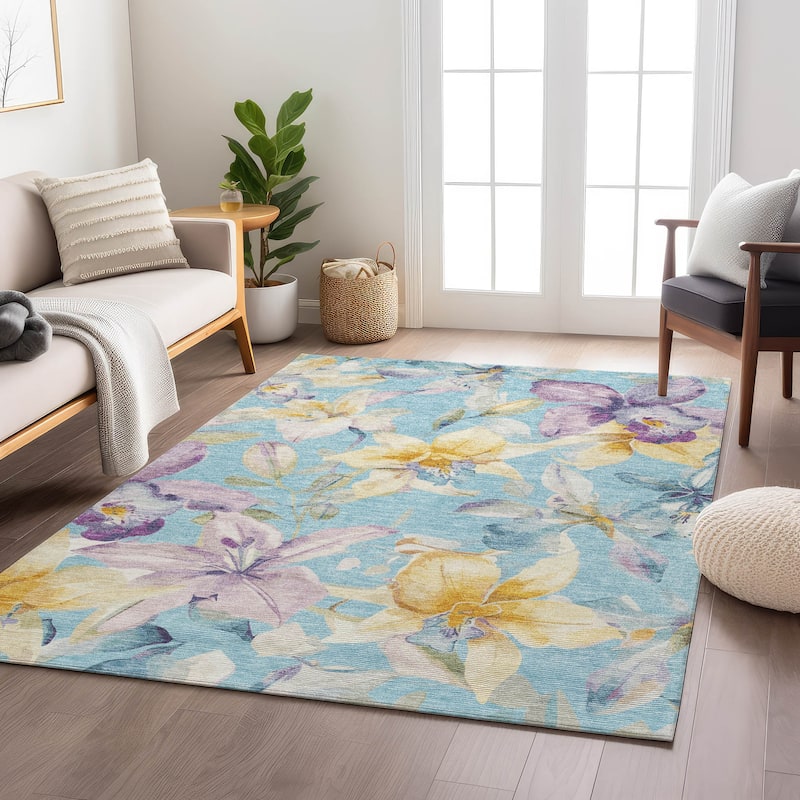 Machine Washable Indoor/ Outdoor Modern Floral Chantille Rug