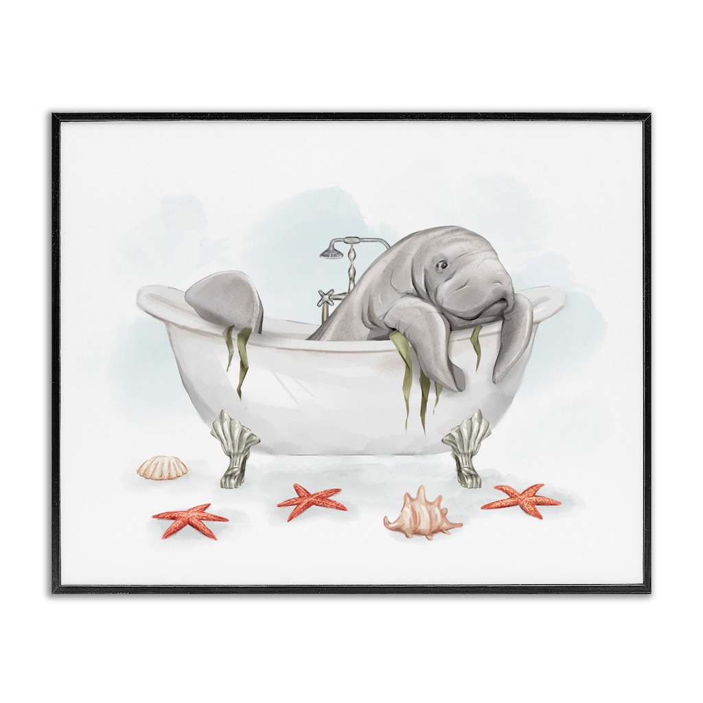 Stupell Manatee Sea Life Swimming Bathtub Bathroom Painting Framed Wall Art, Design by Ziwei Li