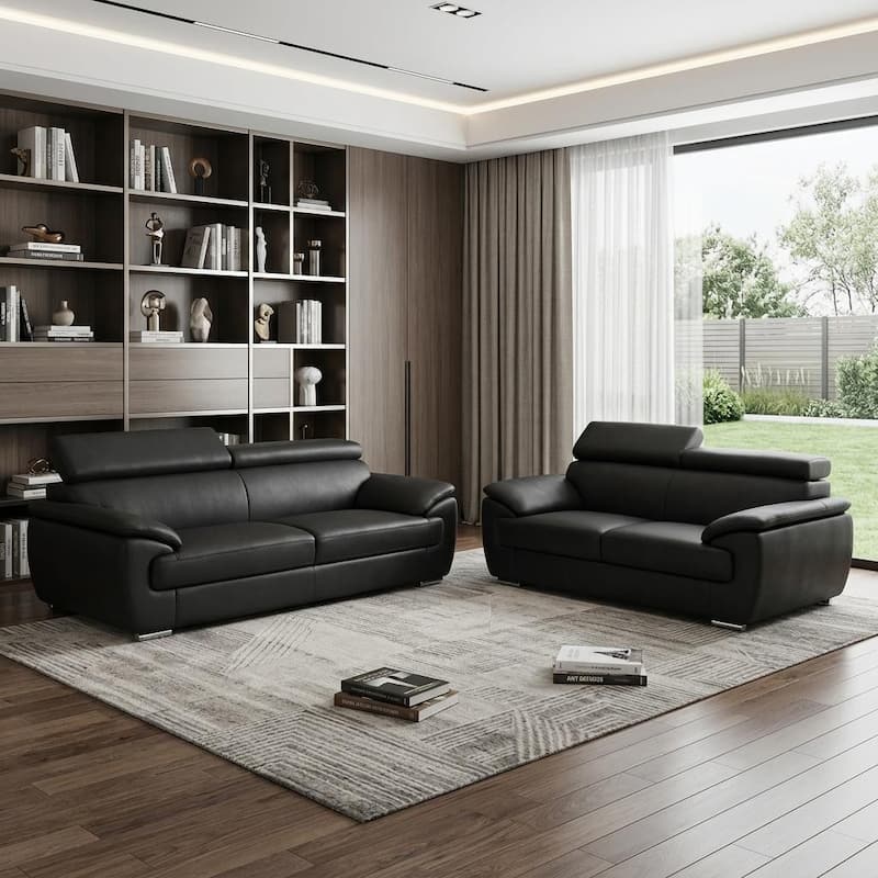HomeRoots Two Piece Indoor Black Genuine Leather Five Person Seating Set - Black