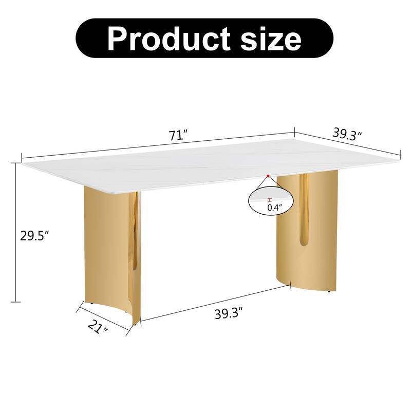 Modern minimalist dining table. The imitation marble glass desktop is equipped with golden metal legs. Suitable for rest