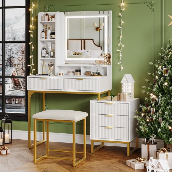 slim fit dress slacks Dressing Table: Gold and White Vanity Set with Lighted Mirror & Stool   Studio GKW