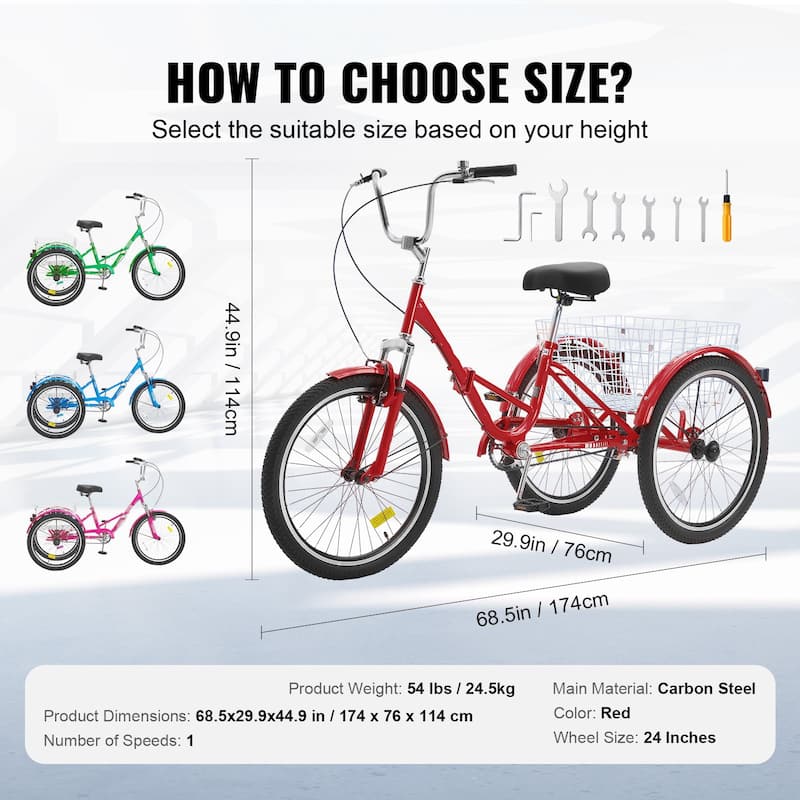 24" Adult Folding Tricycle, Carbon Steel 3-Wheel Bike for Seniors & Women - 68.5 x 29.9 x 44.9 in