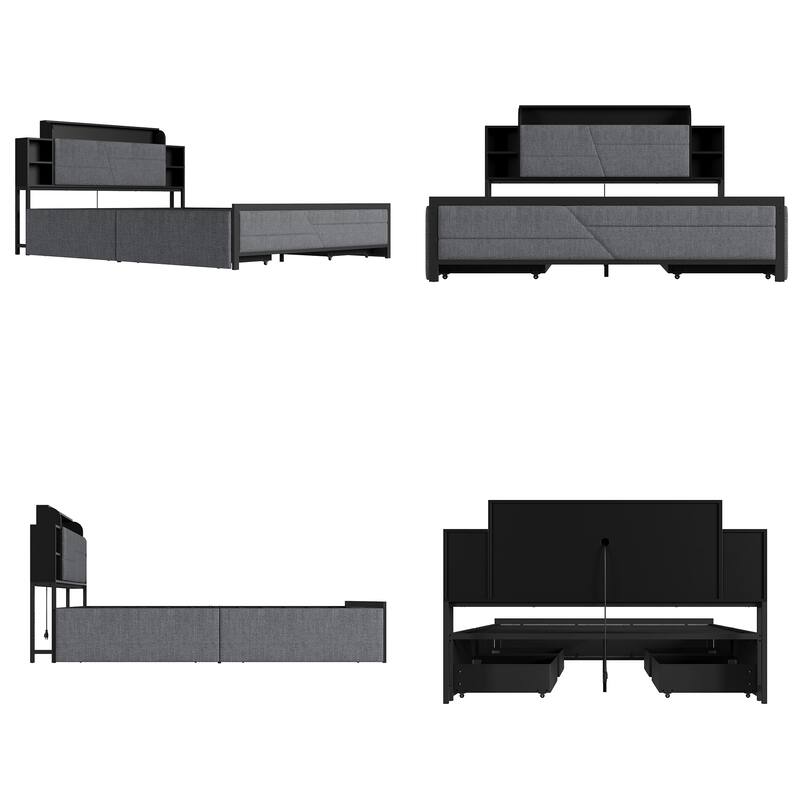 French Queen Size Bed Frame Platform with Brown/Black Storage Headboard & 4 Storage Drawers