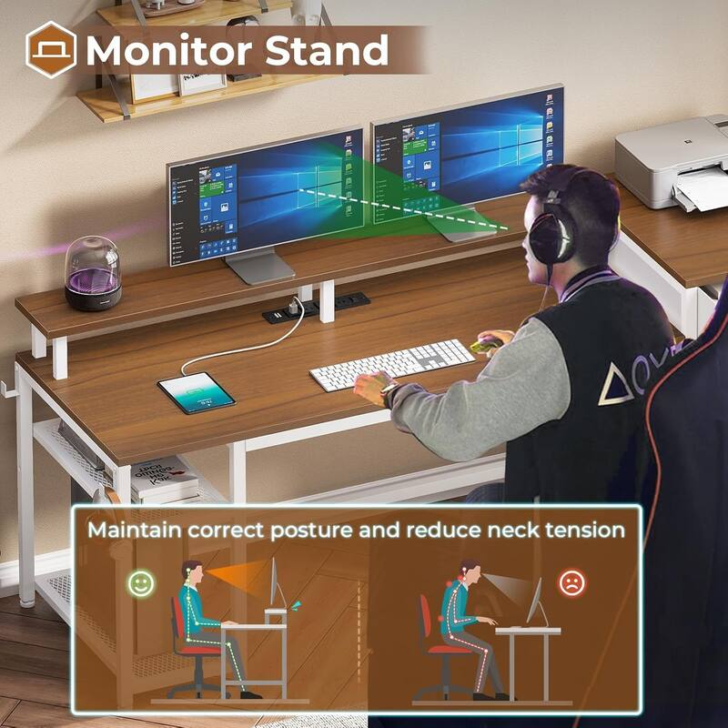 Office Desk 3 Fabric Drawers Computer Desk LED Lights & Power Outlet