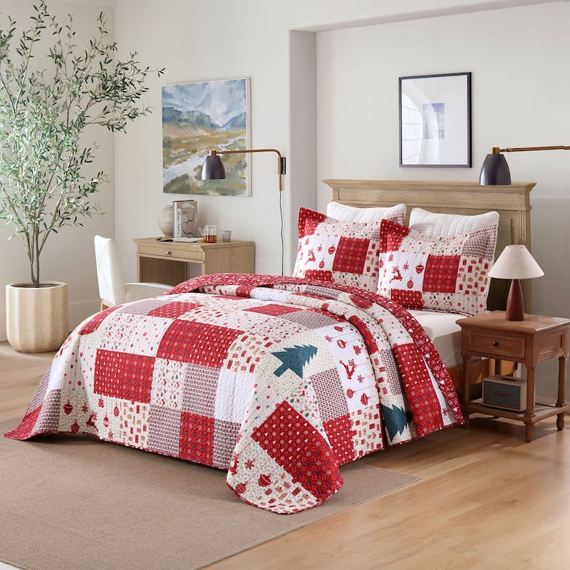 3 Pcs Christmas Patchwork Gift Quilt Bedspread Set