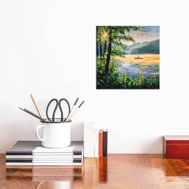 iCanvas "Fishing Painting. Fisherman In Boat In Beautiful Morning Lake." by Valery Rybakow Canvas Print - 12x12x1.5