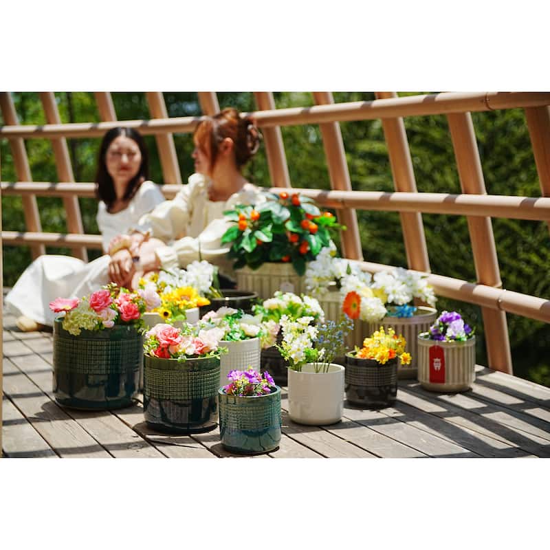 Set of 3 Grid Ceramic Flowerpot, Modern Planter for Patio, Garden, Windowsill