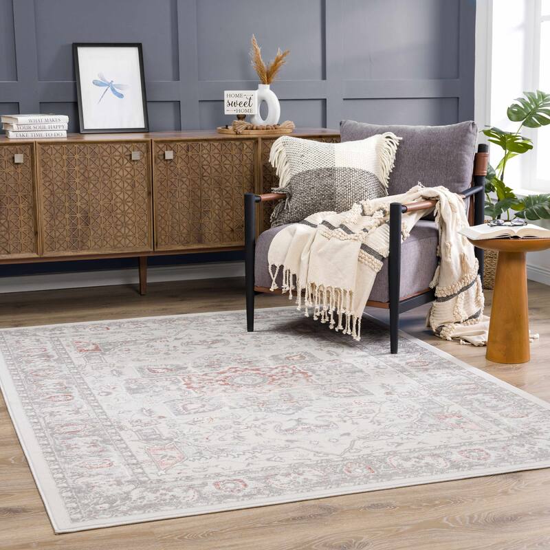 Hauteloom Calum Living Room, Bedroom Area Rug - Farmhouse - High Pile - Pink,Gray - 7'9" x 9'6"