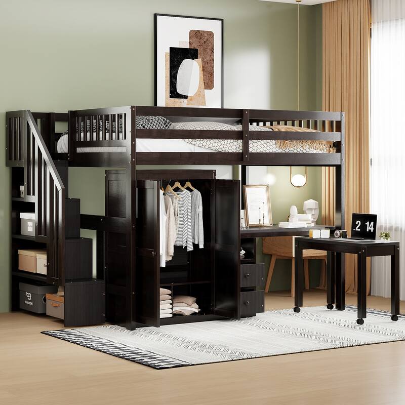 Full Loft Bed with Stairs & Built-in Desk and 5-in-1 Storage, 350lb Capacity - Espresso