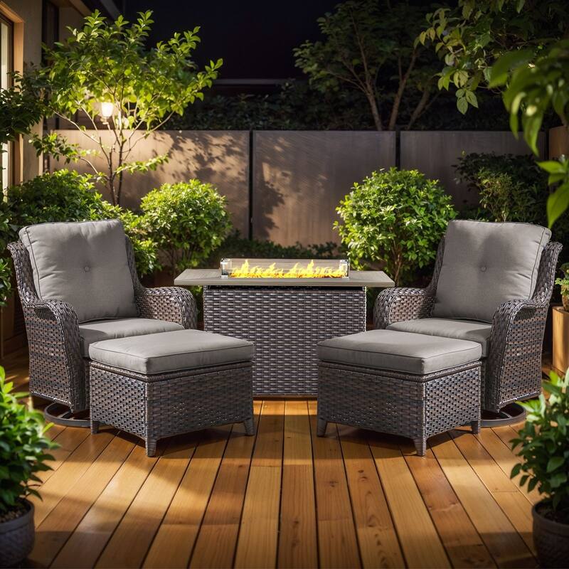 Gymojoy 5-Piece Outdoor Furniture Set, 2 Swivel Glider Chairs, 2 Ottomans & 55K BTU Fire Pit Table - Brown Wicker / Grey Cusion - 5-Piece