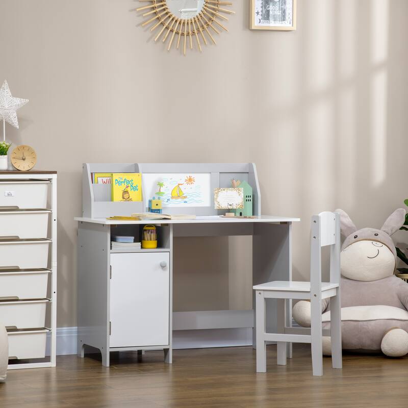 Kids Writing Desk with Whiteboard, Storage Cabinet, and Posture-Friendly Chair, Ideal for Arts, Crafts, and Homework