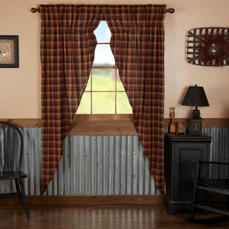 Heritage Farms Primitive Check Prairie Long Panel Set of 2 84x36x18 - Prairie Panel 84x36 - Prairie Panel 84x36 - 84 Inches - Burgundy/Mustard/Raven Black