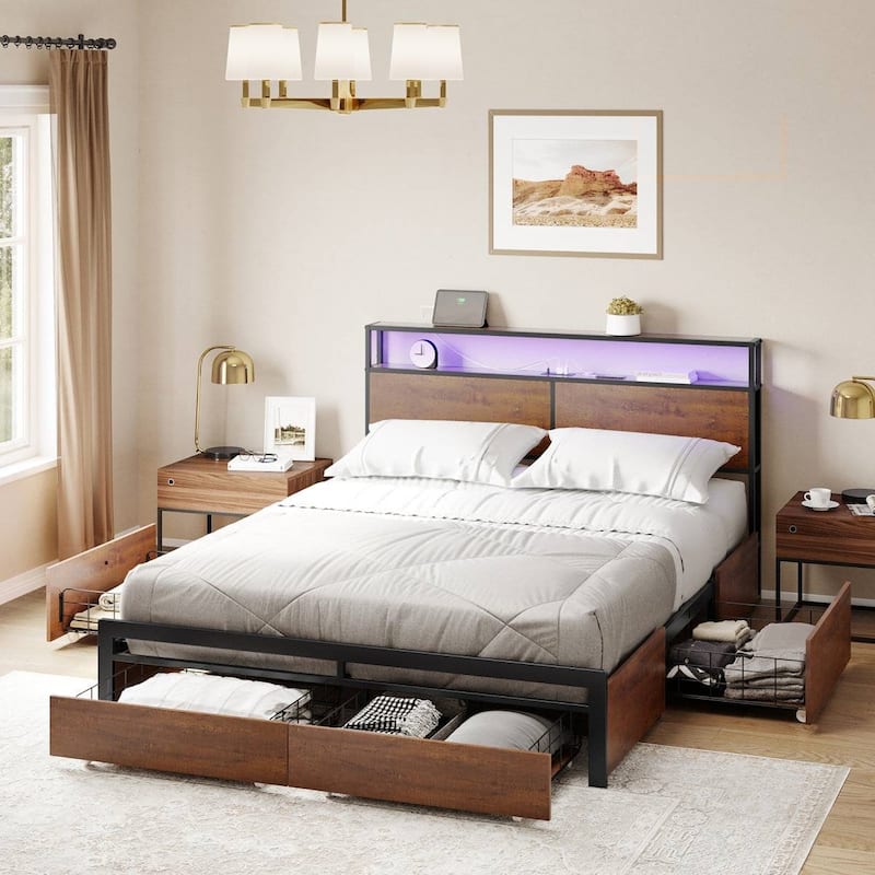 Modern Platform Bed Frame with LED Lights Storage Headboard Drawers USB and AC Outlets Wood Grain Finish