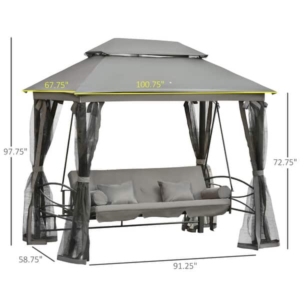 dimension image slide 0 of 2, Outsunny Tiered Gazebo with 3-person Patio Bench and Mesh Sidewalls