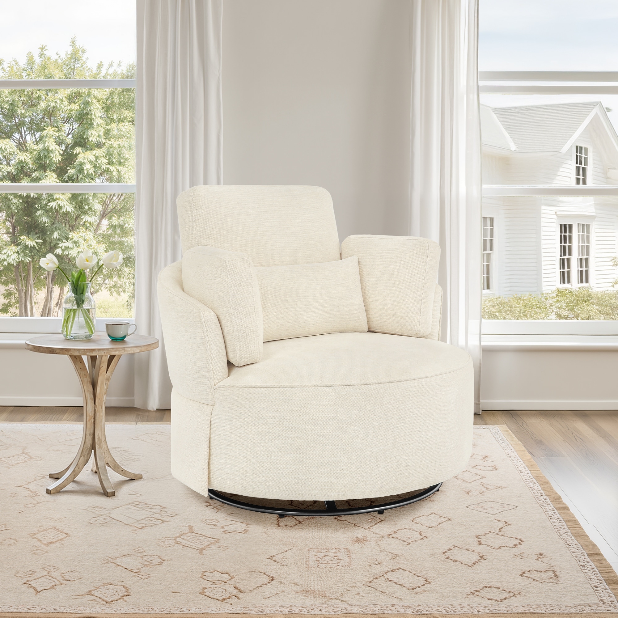 Upholstered Swivel Barrel Accent Chair Metal Frame with Flared Arms and Pillows