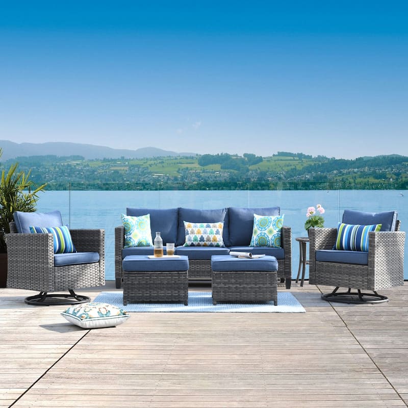 OVIOS 6-piece Patio Wicker Conversation Sofa Set with Swivel Rocking Chairs - Blue