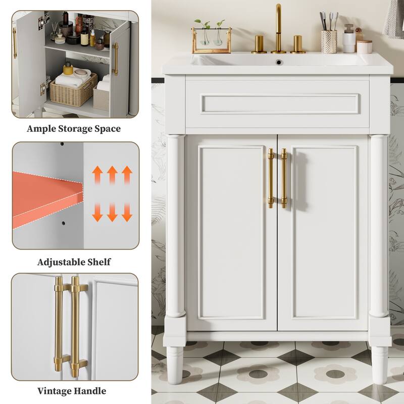 Elegant Bathroom Vanity Freestanding Storage Cabinet with Sink, 2 Doors, Gold Handles and Adjustable Interior Shelf