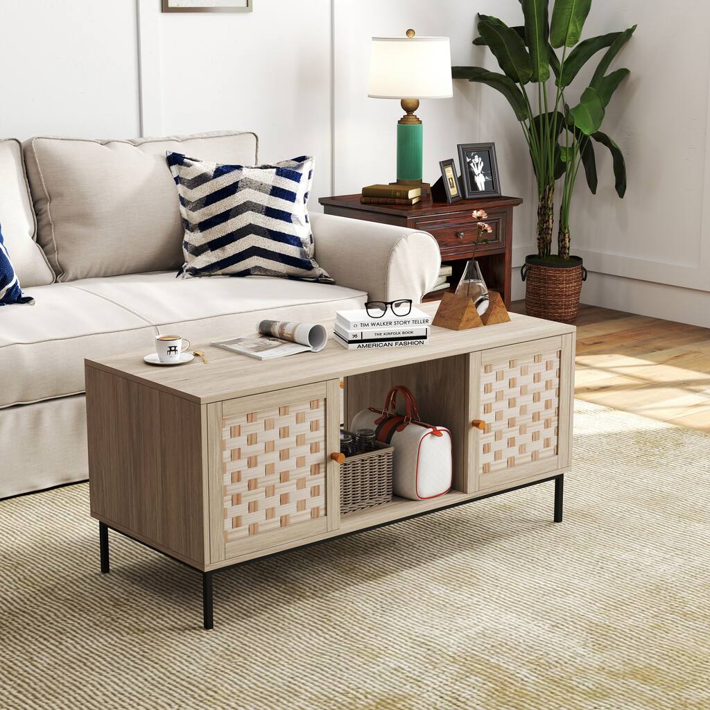 Modern Boho Coffee Table with Symmetrical Storage Design and Sliding Doors for Living Room