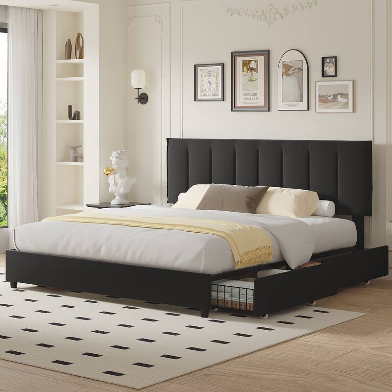 Black Bed Frame with 4 Storage Drawers, Upholstered Platform Bed Frame with Adjustable Headboard - King