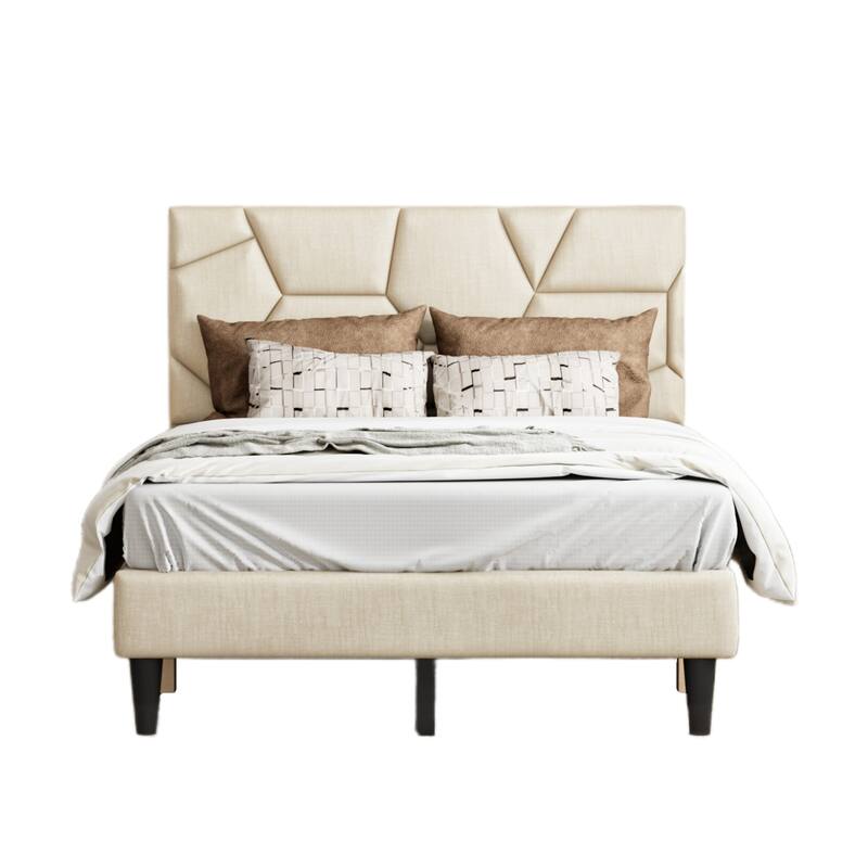 Queen Bed Frame with Linen Headboard - No Box Spring, Easy Assembly - Full