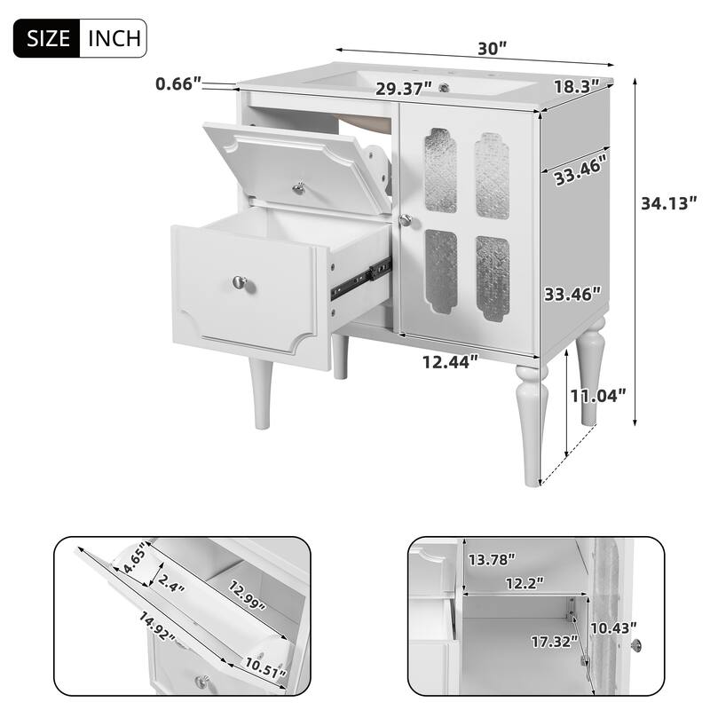 30" Retro Bathroom Vanity with Ceramic Sink, Freestanding Single Cabinet with 2 Drawers and Solid Wood Frame
