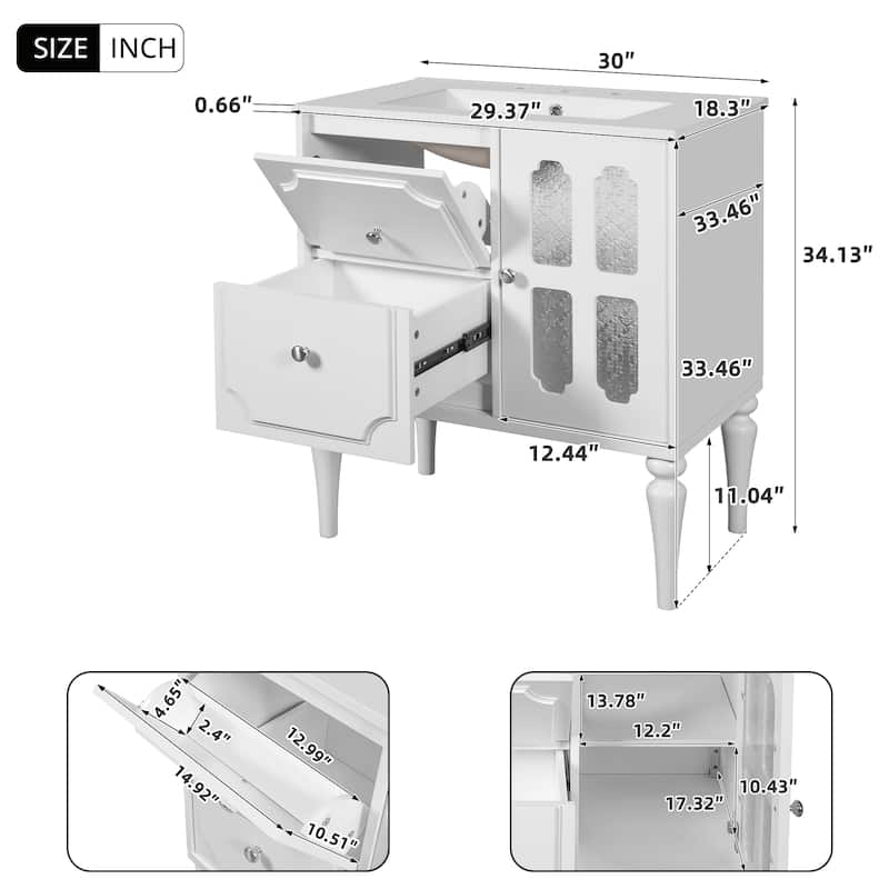 Retro Style 30'' Bathroom Vanity with Ceramic Sink Combo, Freestanding Single Vanity with 2 Drawers
