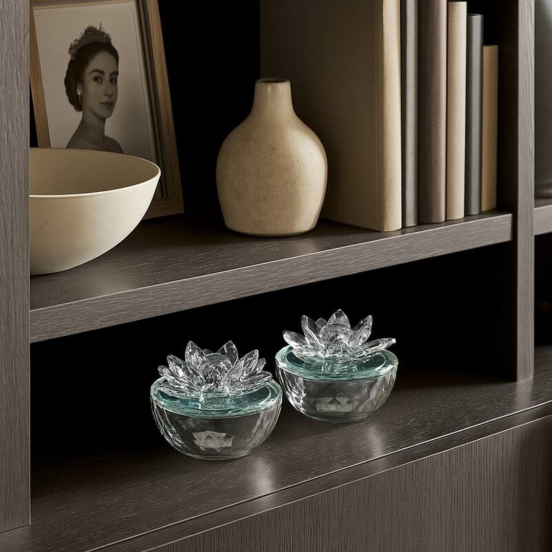 Decorative Round Glass Box with Lotus Top - Set of 2, 4"