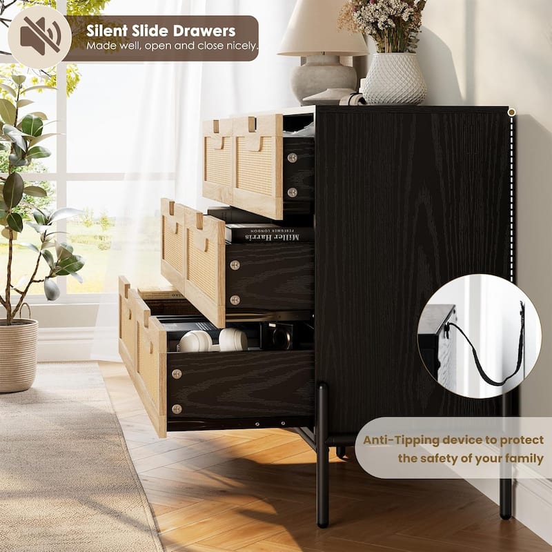 Natural Rattan 6 Drawer Dresser Boho Dresser with Chest of Drawers Modern Storage Cabinet