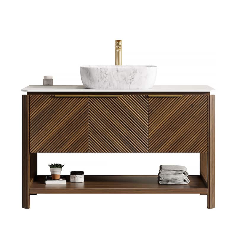 Freestanding Bathroom Vanity in Dark Walnut with Vessel Ceramic Basin