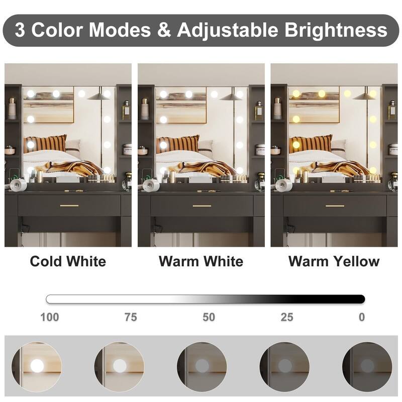 55.7" Dressing Table with LED Lights, Storage Shelves & Stool, Drawers