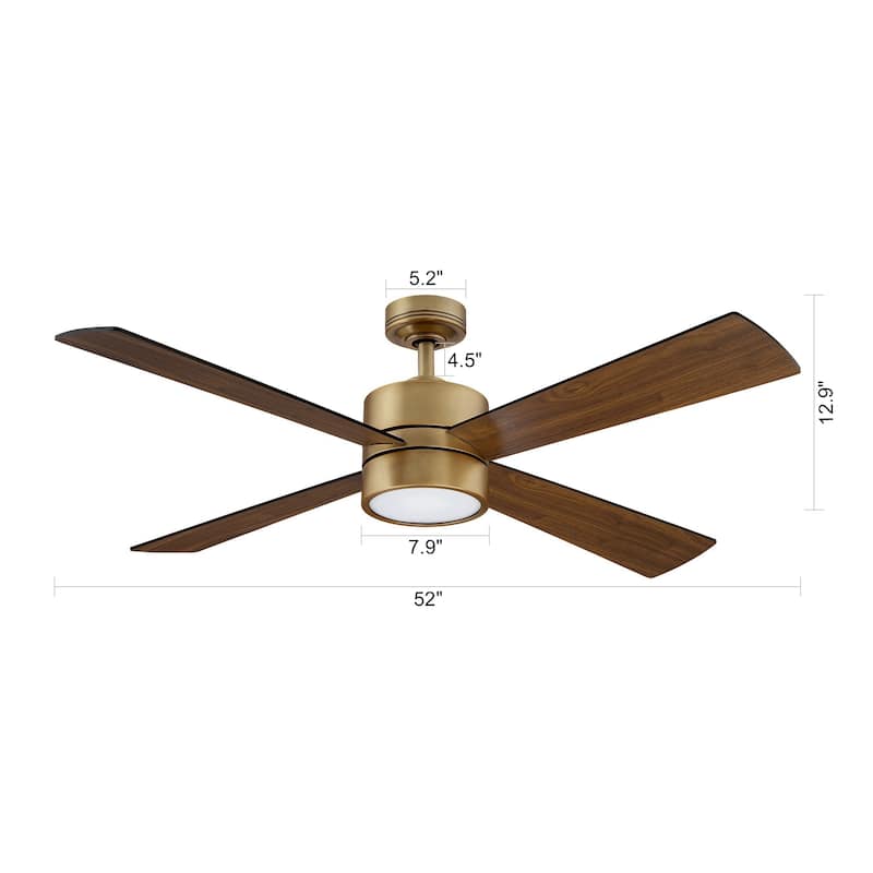 52" Natural Brass Modern Downrod Mount LED Ceiling Fan with Light and Remote