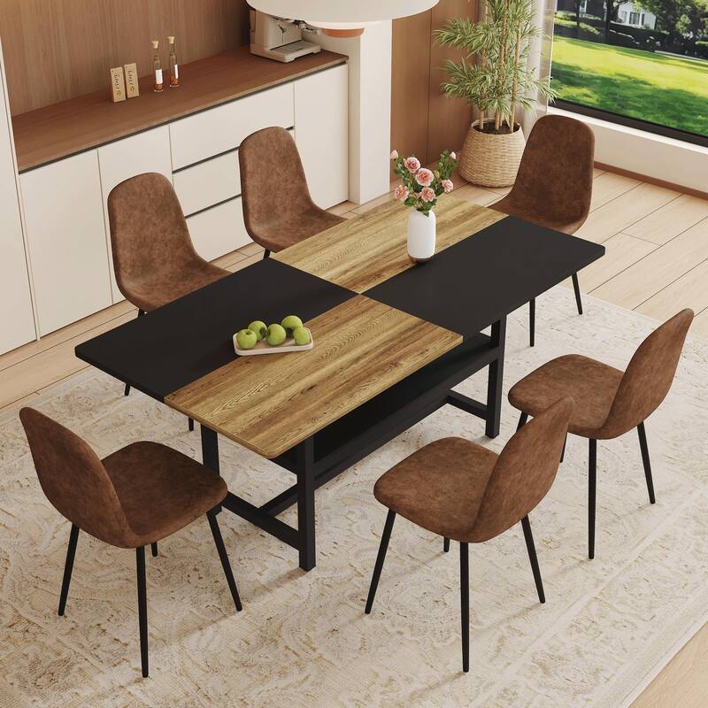 Modern 7-Piece Rectangular Dining Table Set for 6, 71" Wood Table with Built-in Storage & 6 Armless Chairs for Dining Room