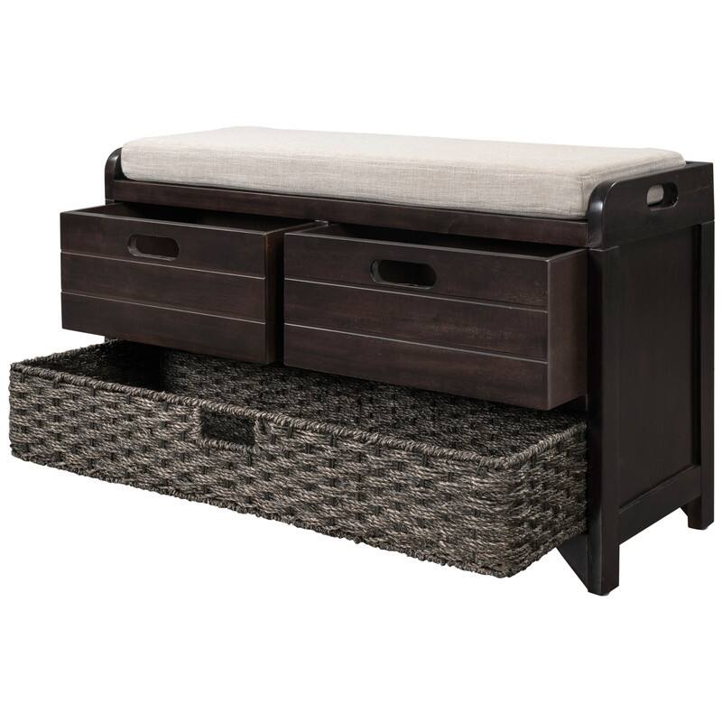 Grondin Retro Framhouse Style Entry Storage Shoe Bench with Padded Cushion, 2 Drawers and Removable Basket