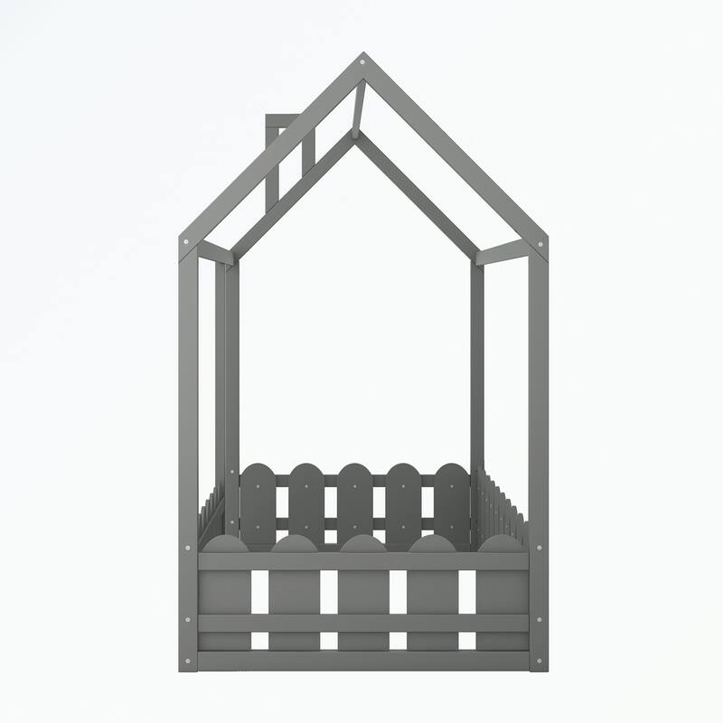 Twin Size Wood Bed House Bed Frame with Fence