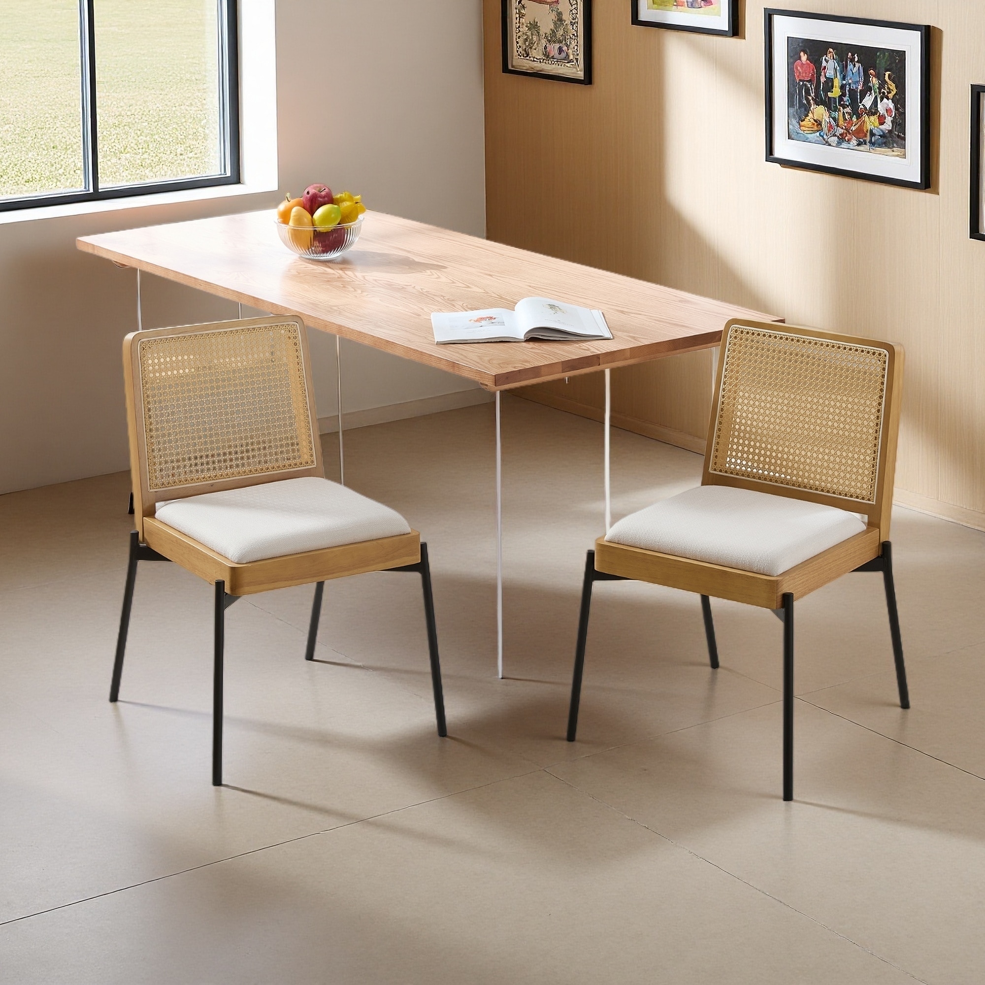 32.28"H Set of 2 Linen Fabric Dining Chairs with Rattan Backrest and Metal Legs, Accent Side Chairs with Padded Cushion